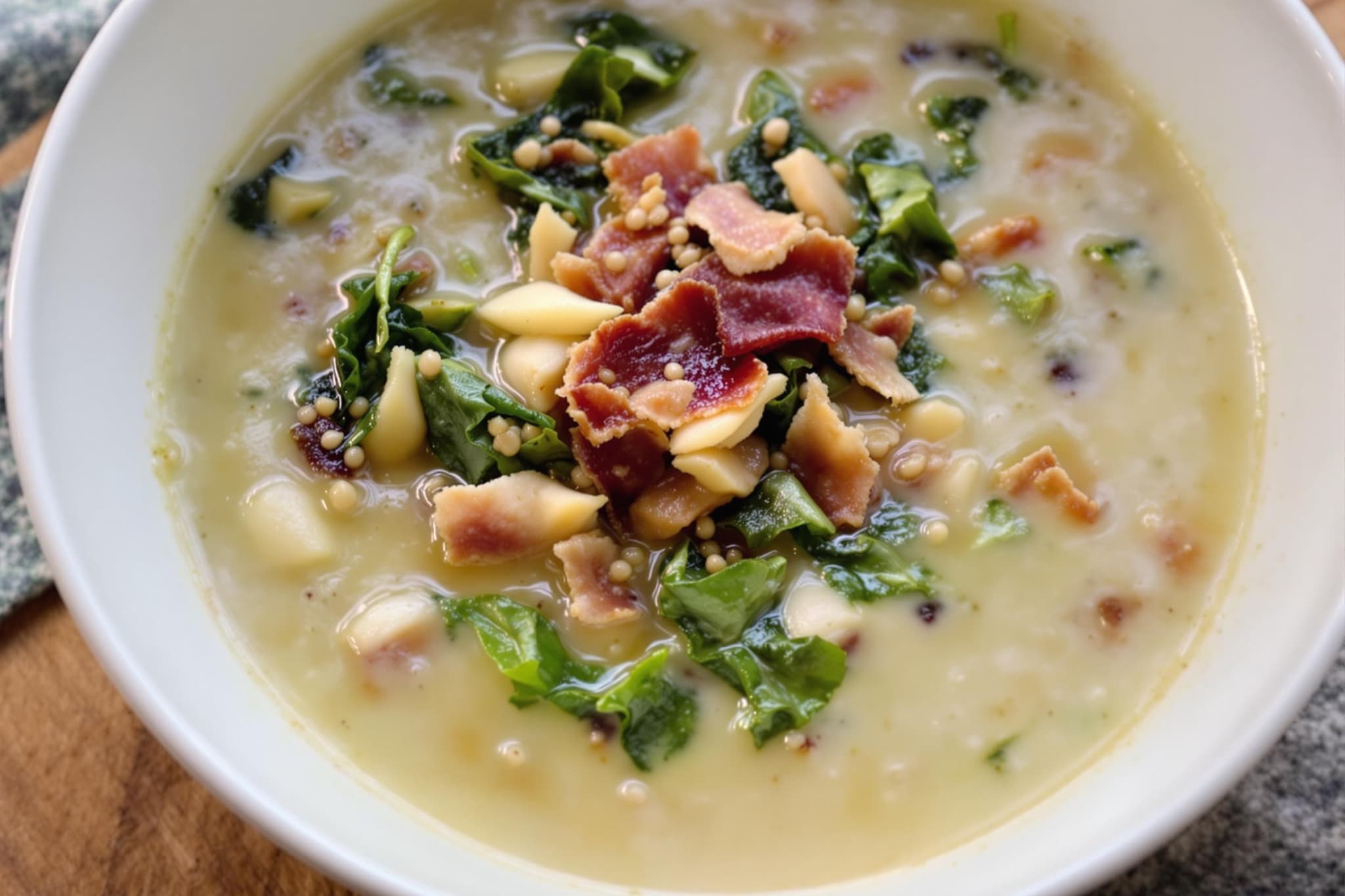 Roasted Garlic Soup with Baby Kale, Baby Spinach and Pancetta