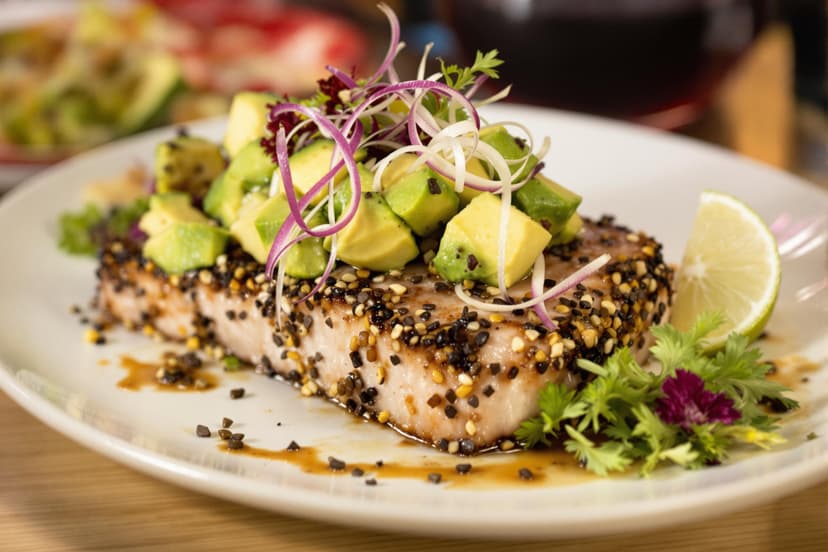 Seared Sesame Encrusted Ahi with Avocado, Soy, Ginger, and Lime