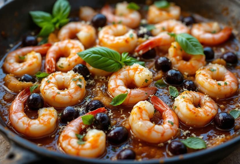 Iron Skillet Shrimp with Garlicky Basil and Kalamata Sauce