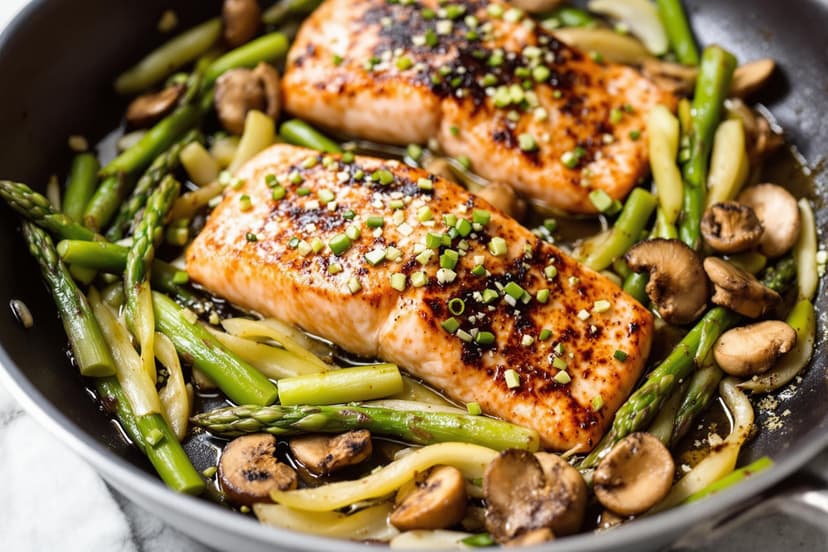 Seared Salmon with Leeks, Asparagus Tips, and Shiitake Mushrooms with White Truffle Oil Drizzle